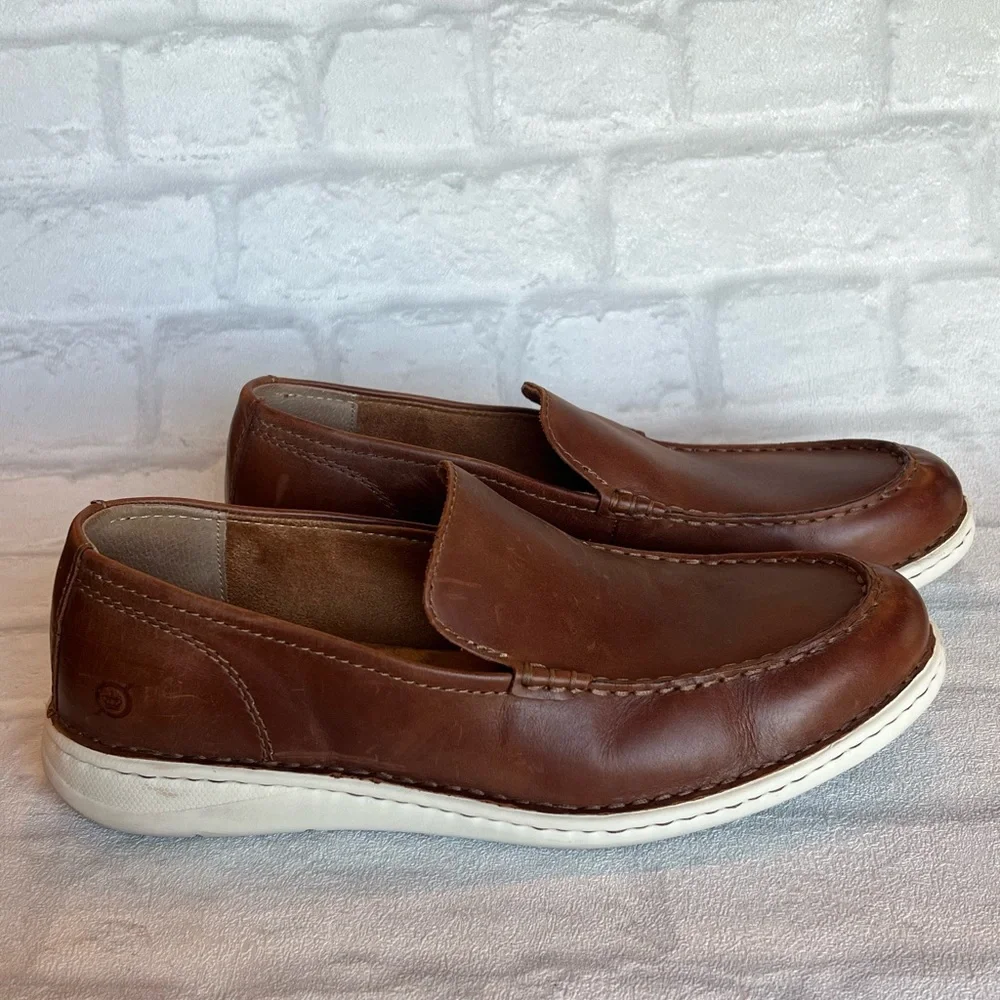 Born Brown Leather Slip-On Moccasin Loafers with White Sole size 8